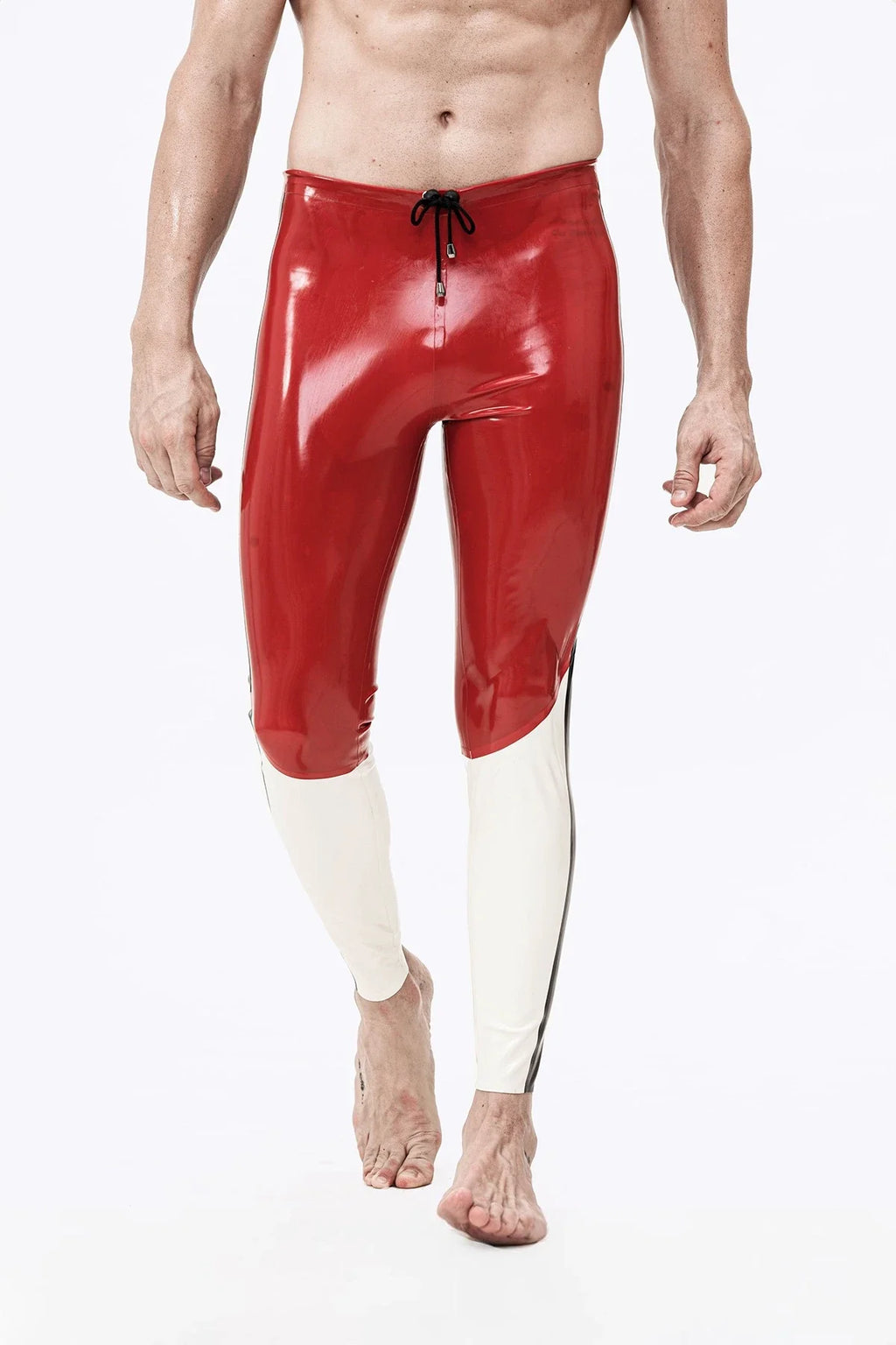 Red, White & Black Tri-Way Three-Panel Drawstring-Waist No-Zip Ankle Latex Leggings
