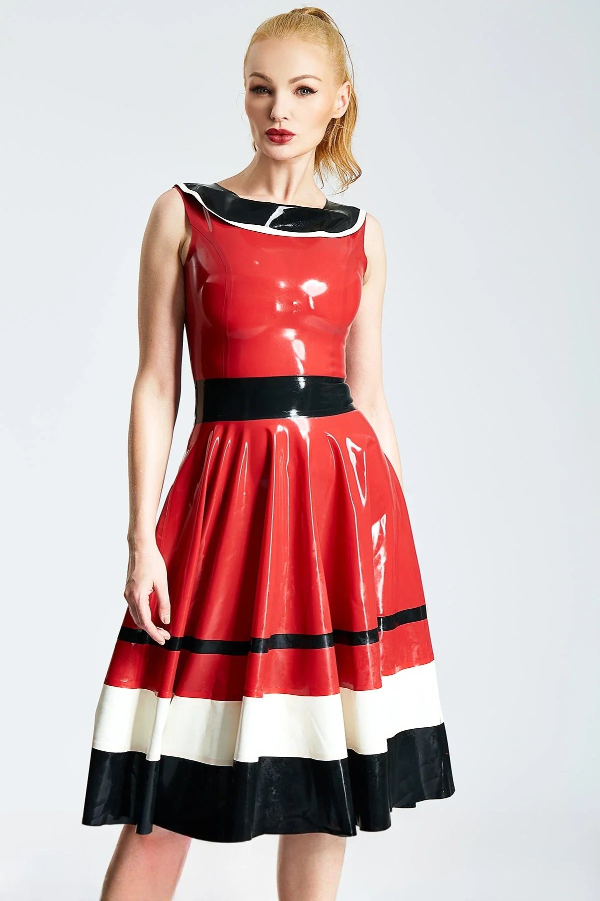 Red Contrast-Stripe Layered-Collar Back-Zip Latex Full-Skirt Dress