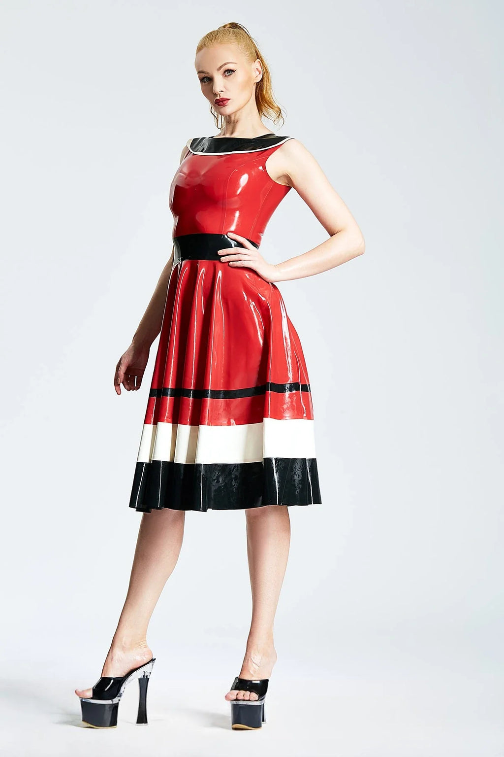 Red Contrast-Stripe Layered-Collar Back-Zip Latex Full-Skirt Dress