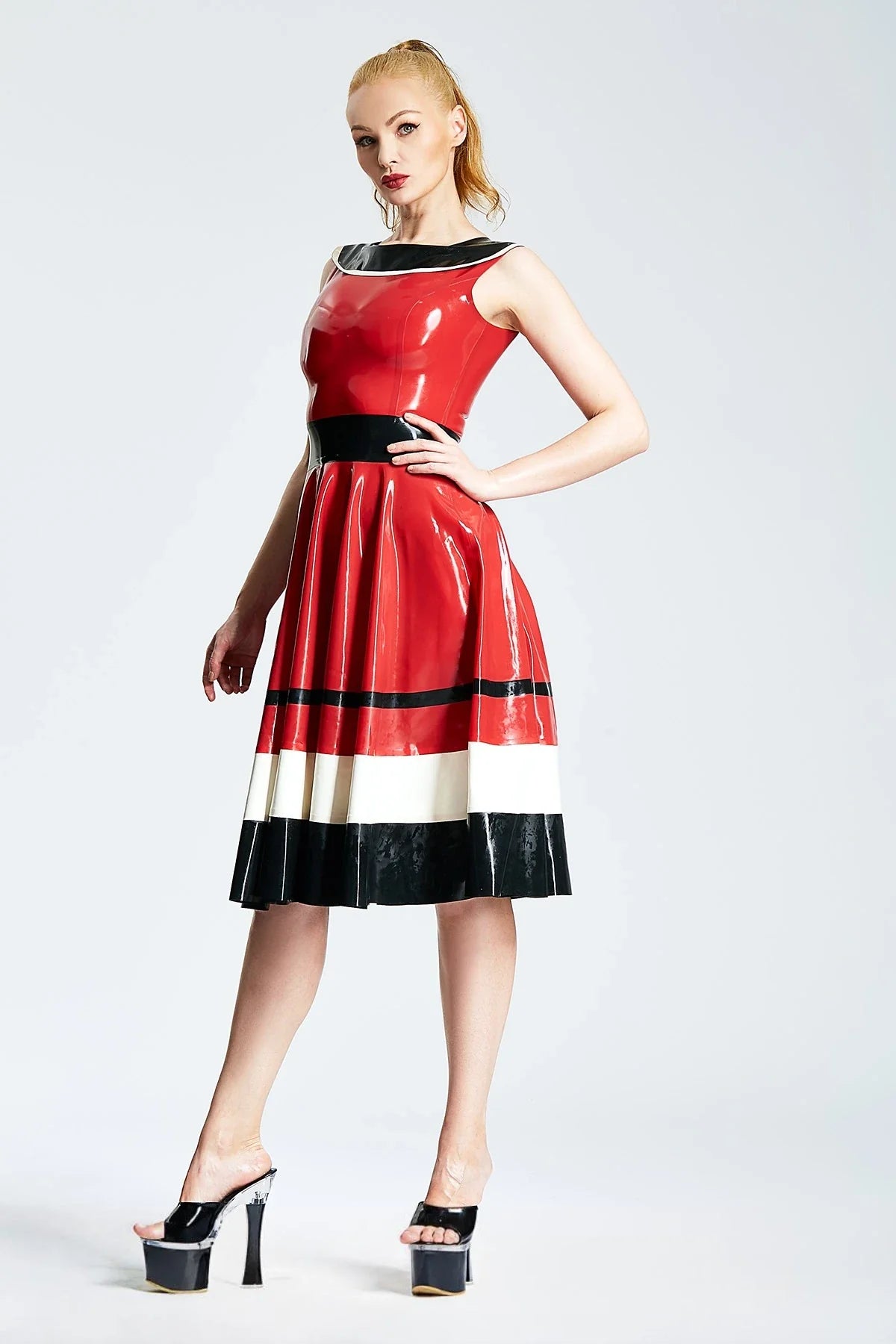 Red Contrast-Stripe Layered-Collar Back-Zip Latex Full-Skirt Dress