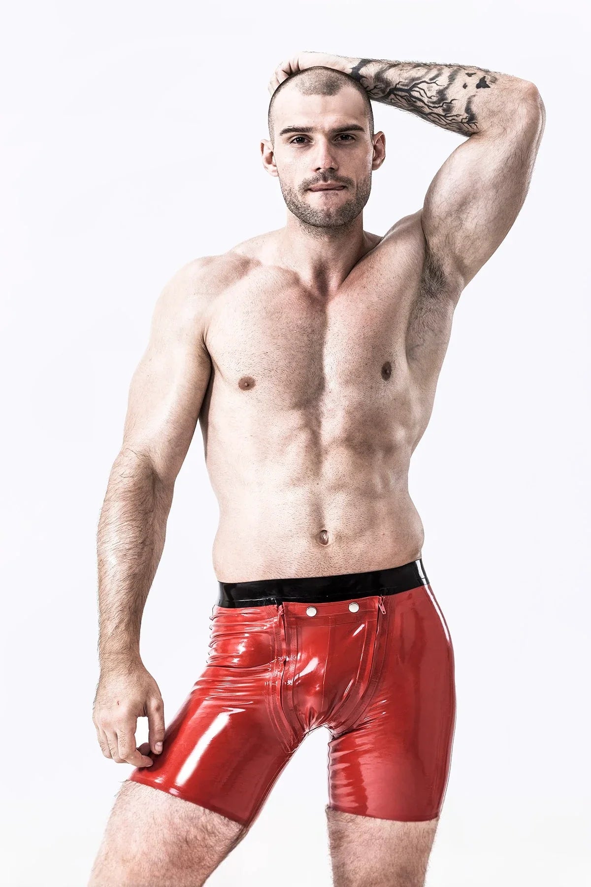 Red & Black Sailor-Front Double-Zip Flap Mid-Thigh Tight-Waist Latex Shorts