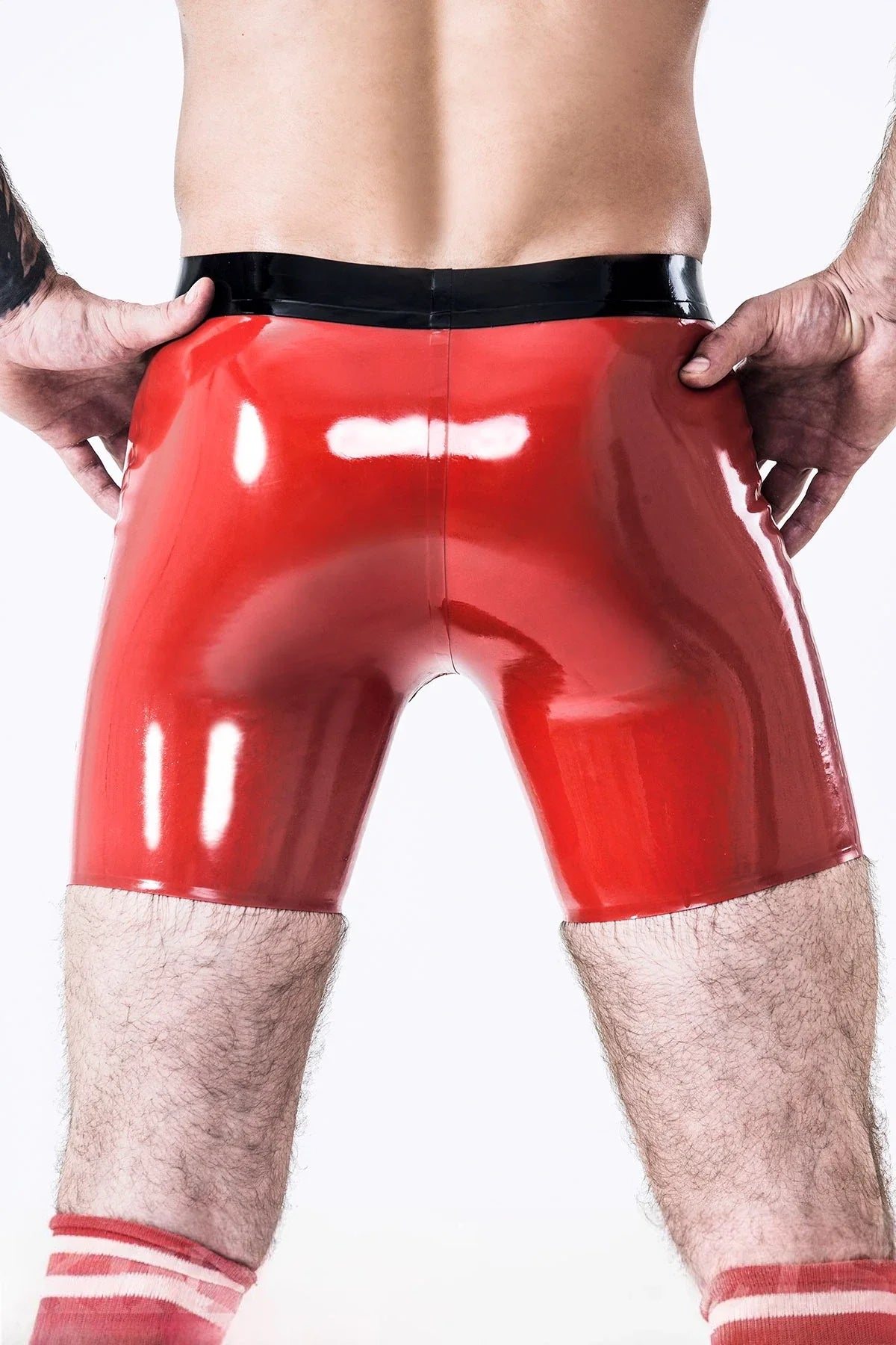 Red & Black Sailor-Front Double-Zip Flap Mid-Thigh Tight-Waist Latex Shorts