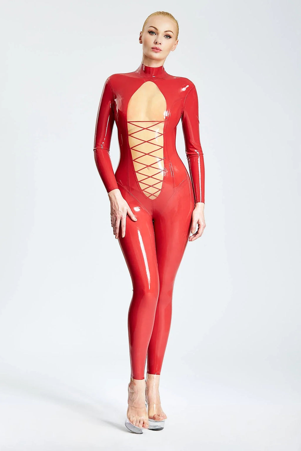 Red & Translucent Natural Revelation Back-Zip Latex Catsuit