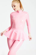 Bubblegum Pink Ruffled-Skirt Long-Sleeve Back-Zip Latex Catsuit
