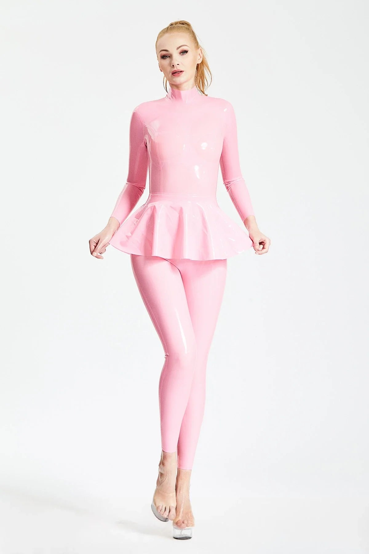 Bubblegum Pink Ruffled-Skirt Long-Sleeve Back-Zip Latex Catsuit