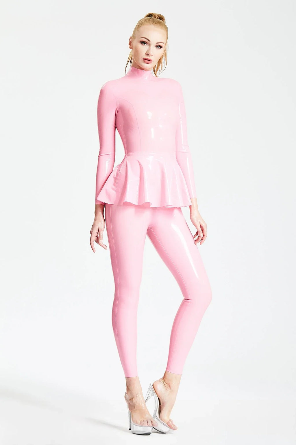 Bubblegum Pink Ruffled-Skirt Long-Sleeve Back-Zip Latex Catsuit
