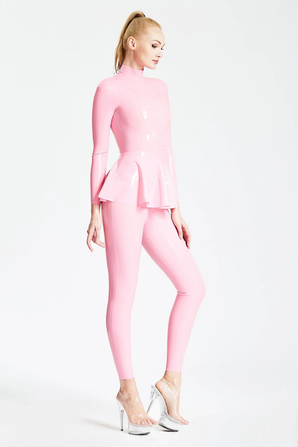 Bubblegum Pink Ruffled-Skirt Long-Sleeve Back-Zip Latex Catsuit