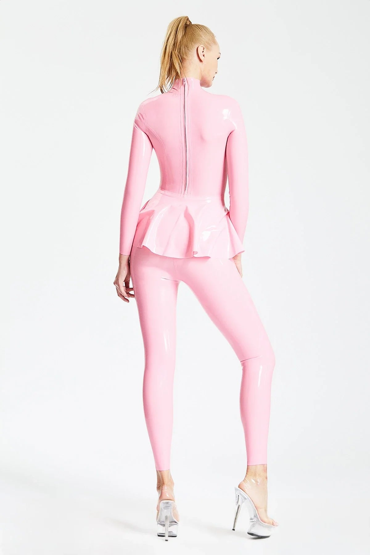 Bubblegum Pink Ruffled-Skirt Long-Sleeve Back-Zip Latex Catsuit