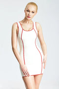 Pure White Red-Trim Scoop-Neck Hidden Back-Zip Latex Mini Dress