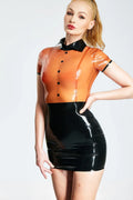 Translucent Brown Black Shirt-Collar Button-Look Back-Zip Latex Micro Dress