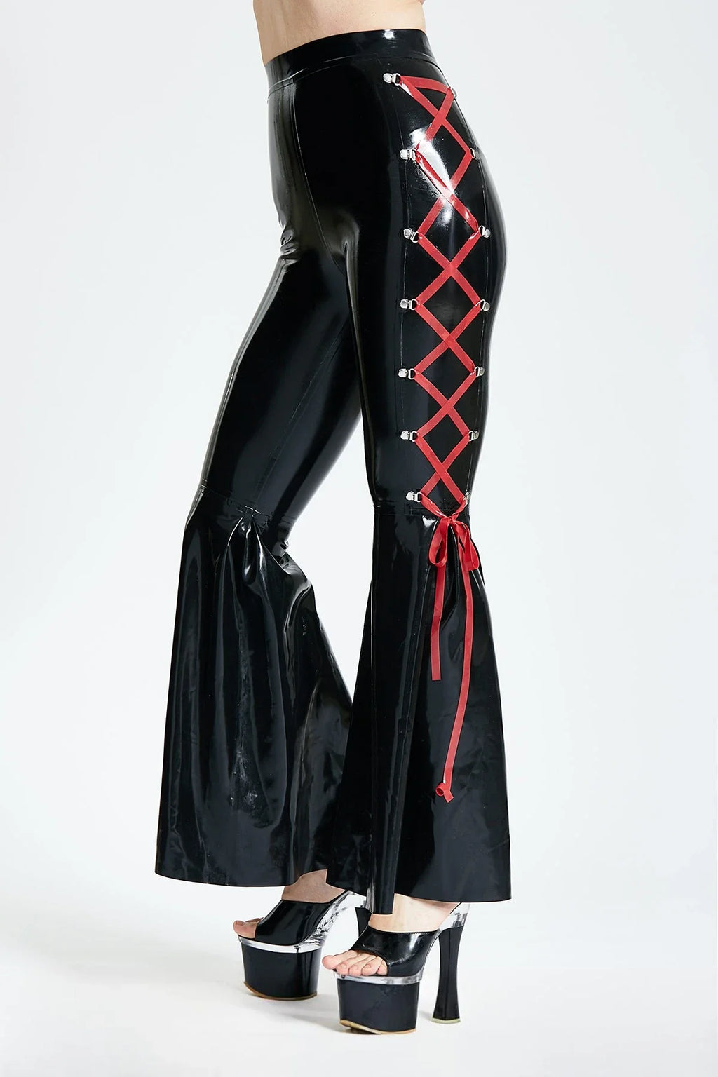 Black & Red 'Disco' Side-Laced Flared Zipperless Latex Pants