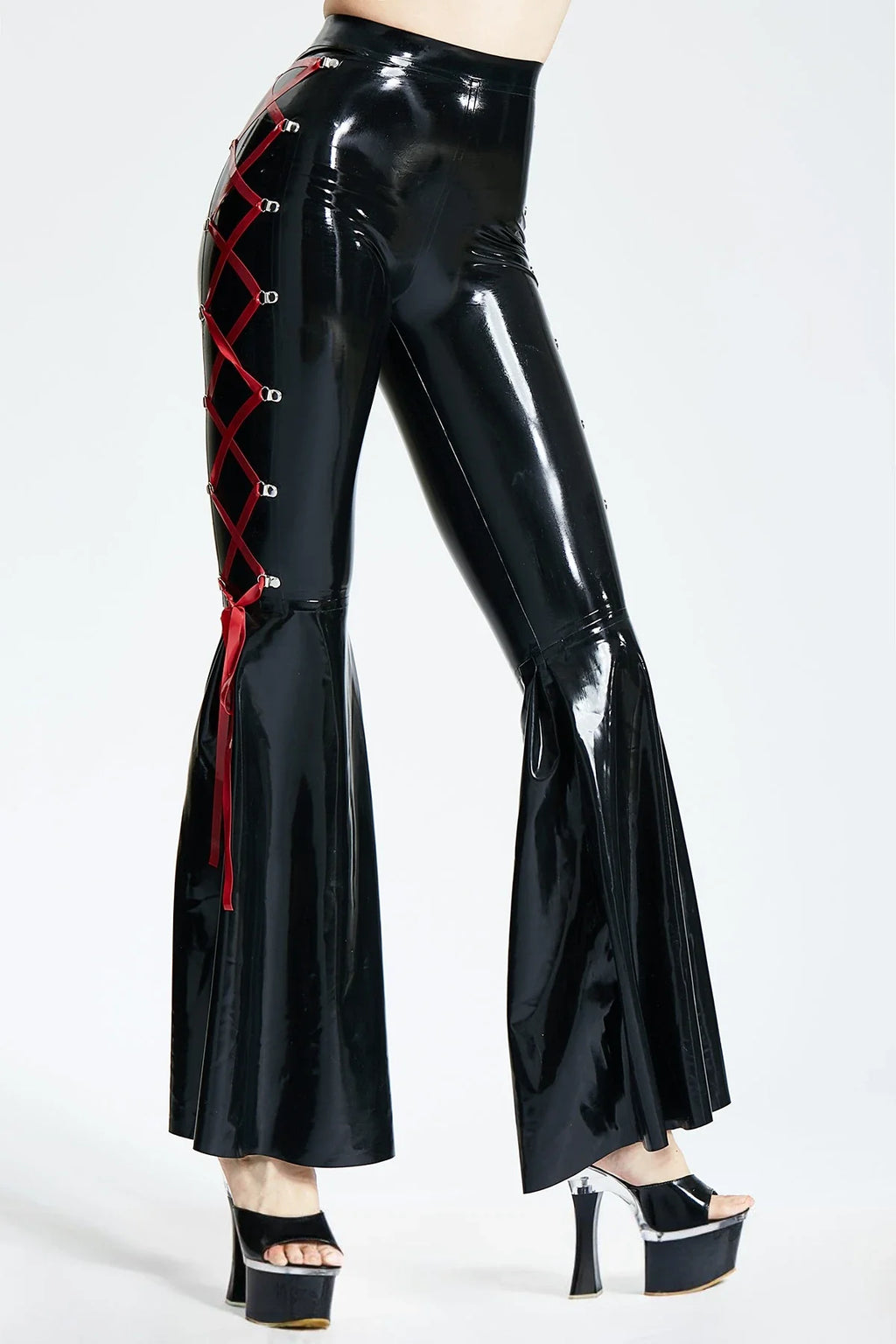 Black & Red 'Disco' Side-Laced Flared Zipperless Latex Pants