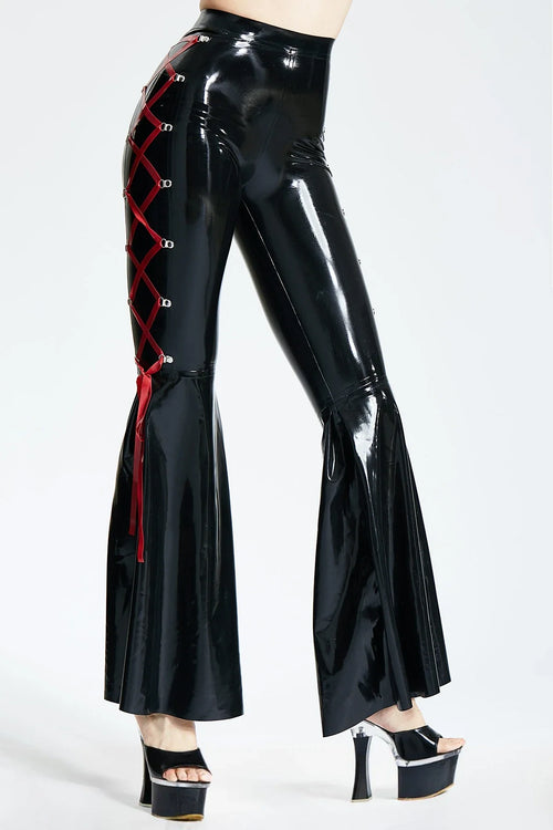 Black & Red 'Disco' Side-Laced Flared Zipperless Latex Pants