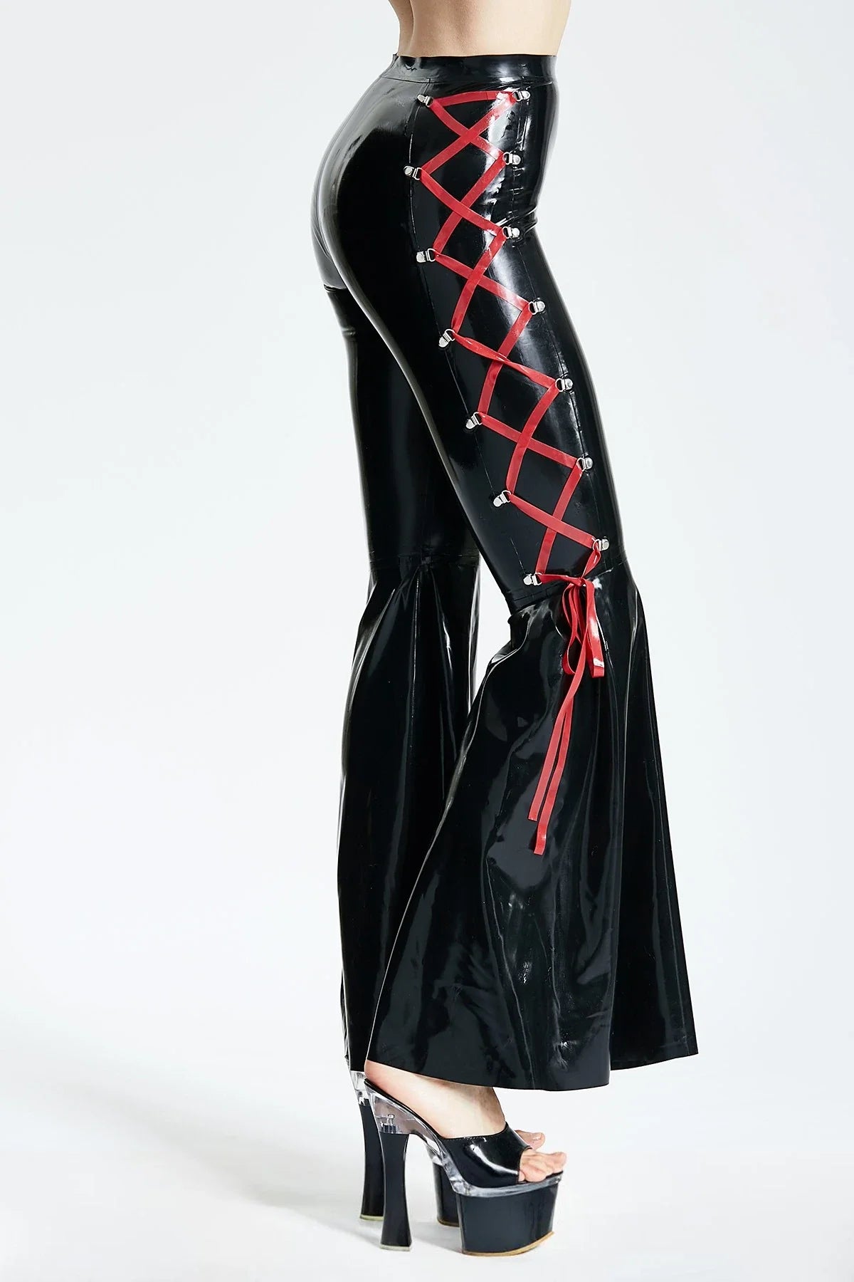 Black & Red 'Disco' Side-Laced Flared Zipperless Latex Pants