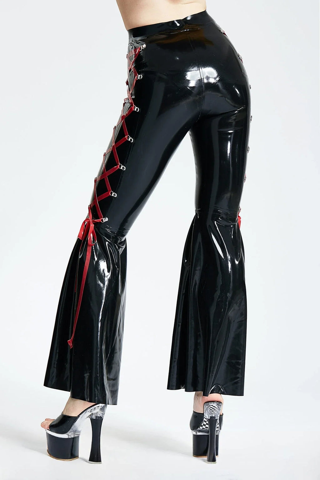Black & Red 'Disco' Side-Laced Flared Zipperless Latex Pants