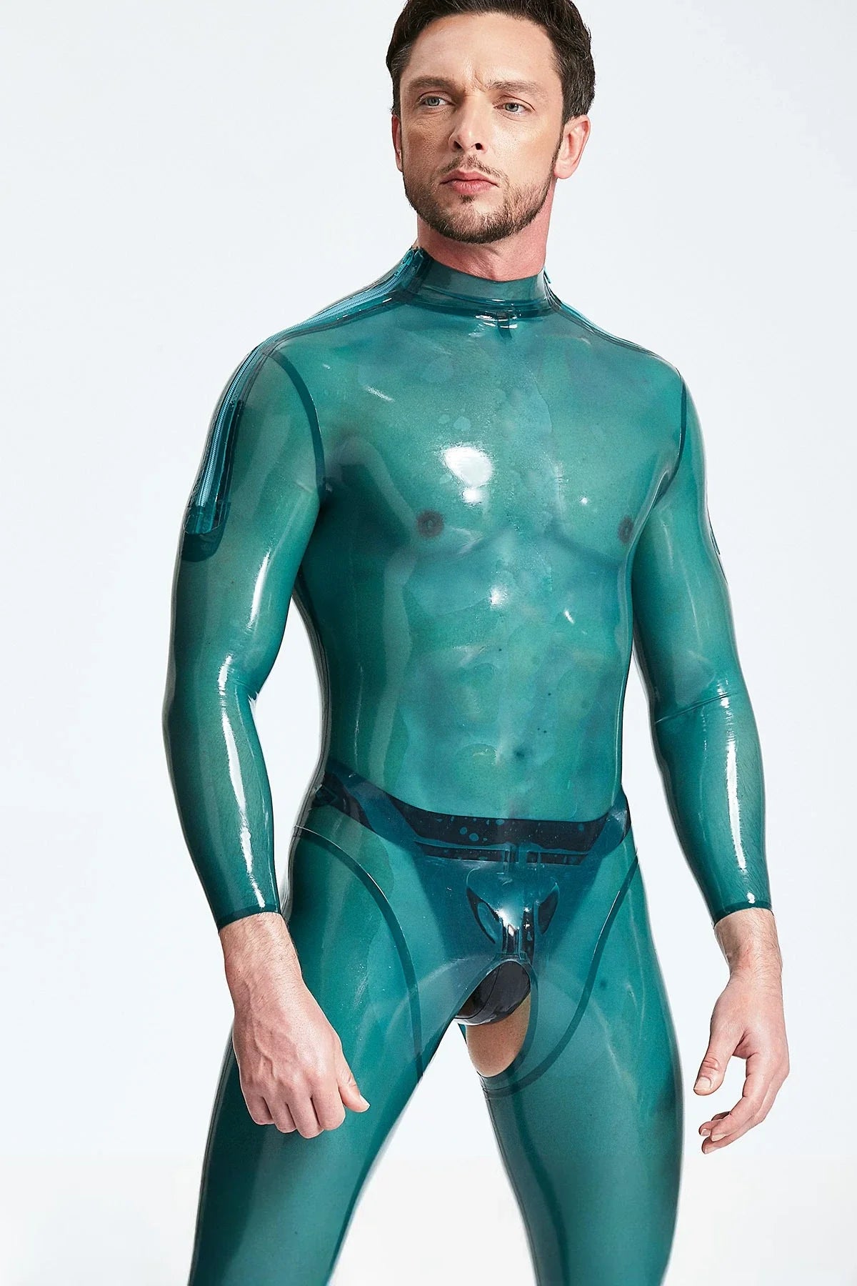 Translucent Blue Open-Crotch Shoulder-Zip Latex Catsuit