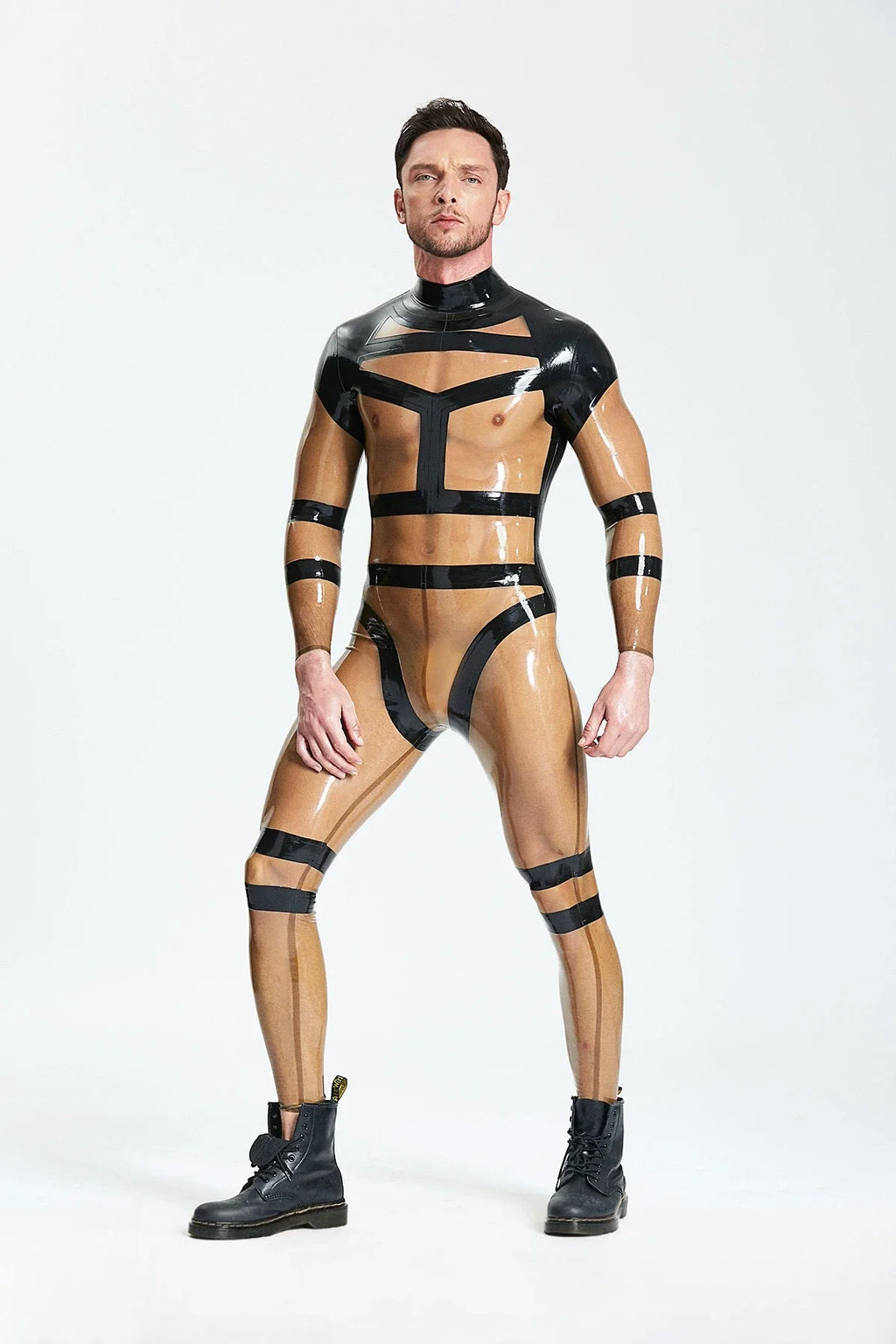 Translucent Grey Black-Harness Back-Zip Latex Catsuit