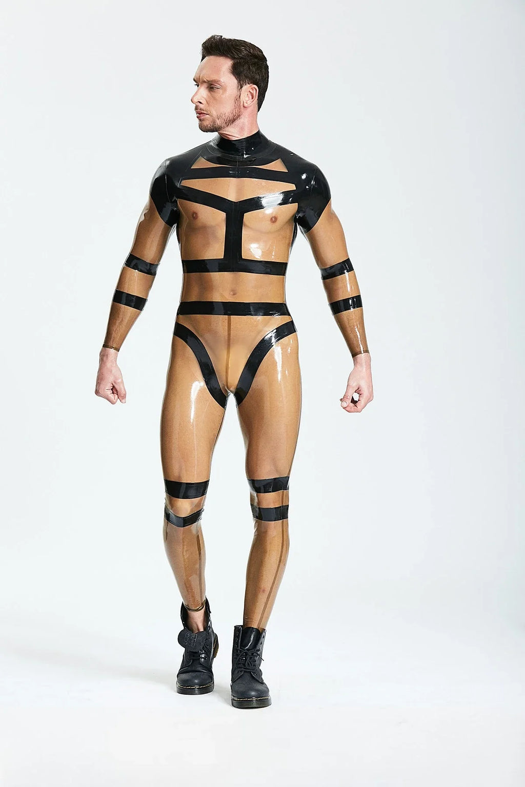Translucent Grey Black-Harness Back-Zip Latex Catsuit