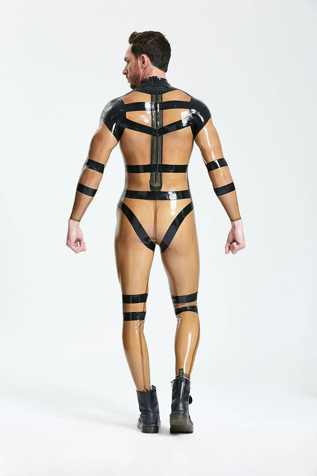 Translucent Grey Black-Harness Back-Zip Latex Catsuit
