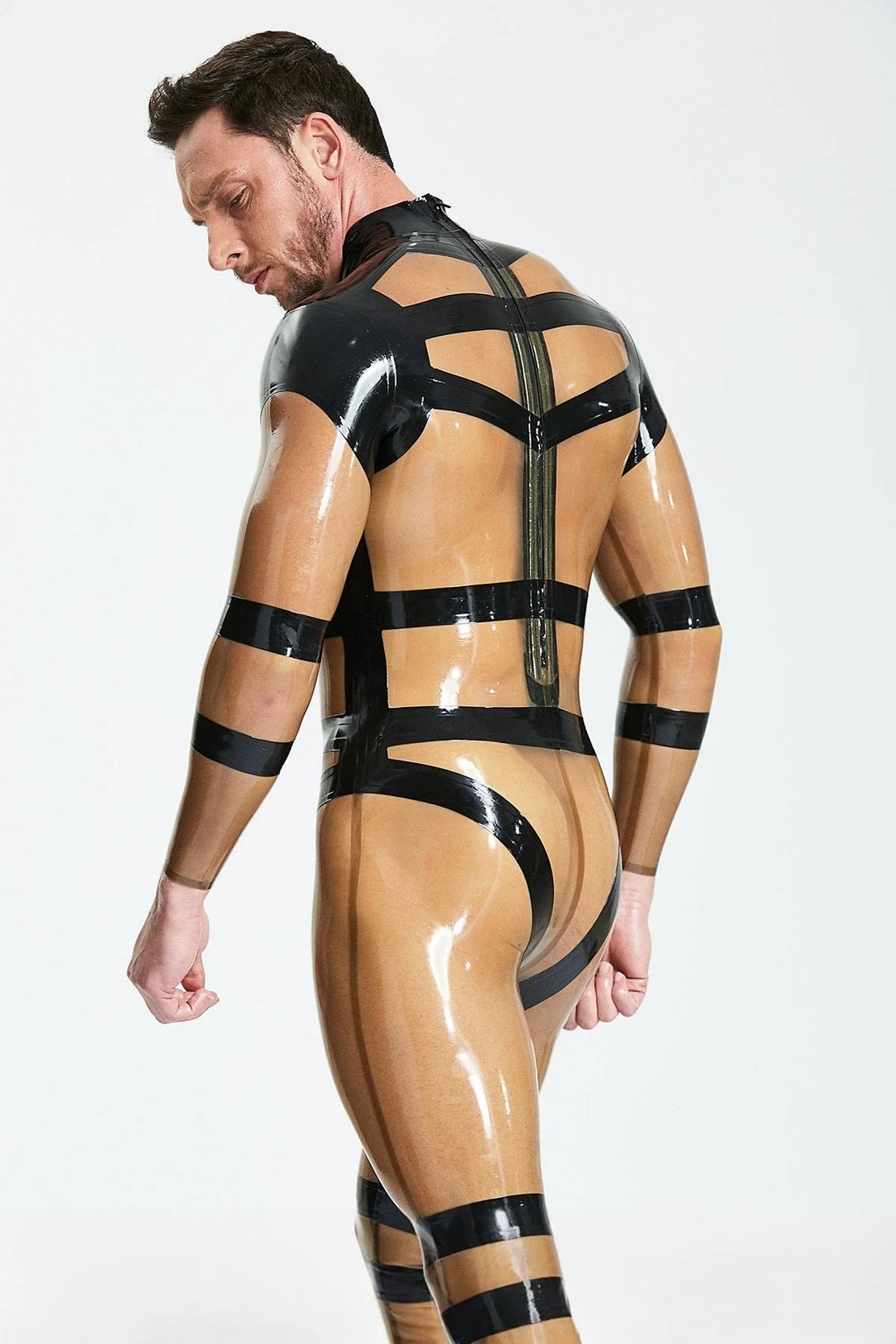 Translucent Grey Black-Harness Back-Zip Latex Catsuit