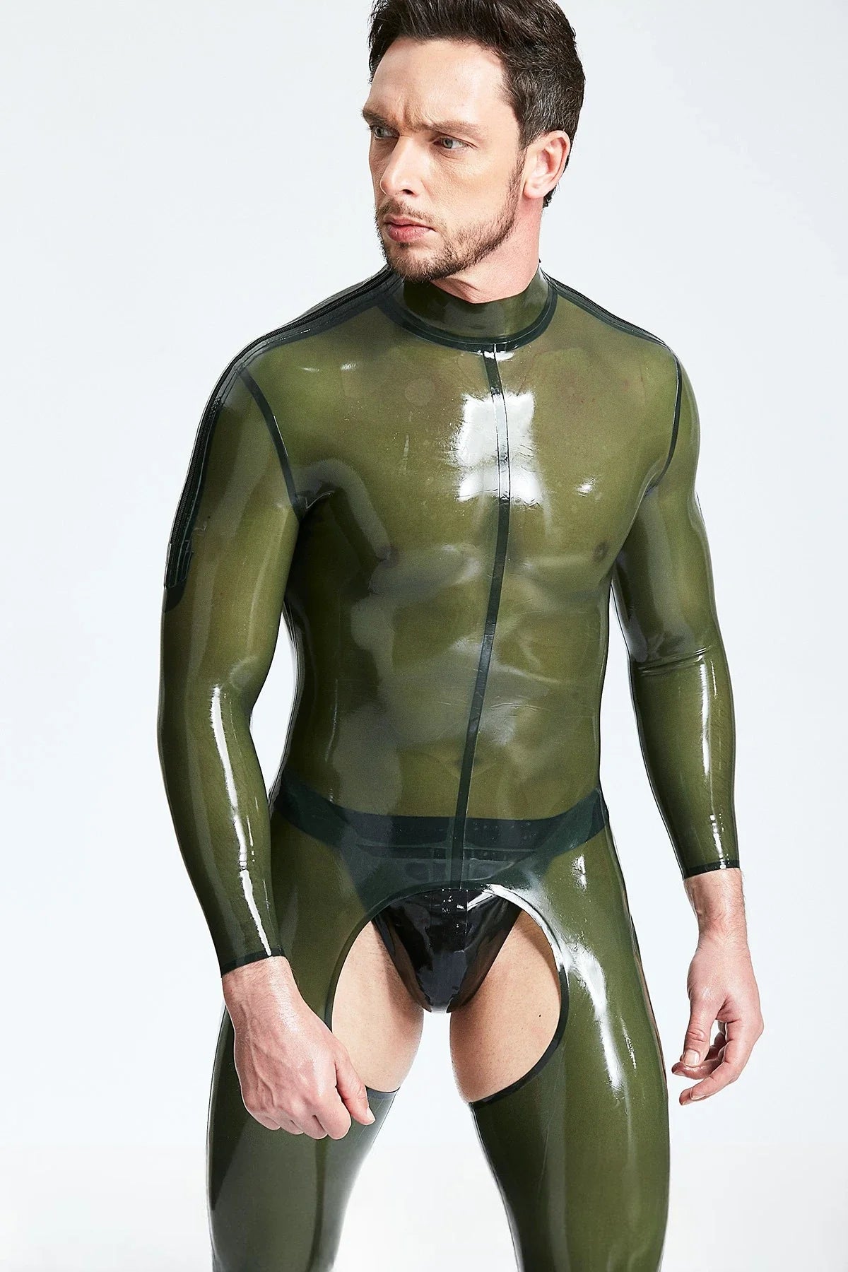 Translucent Olive 'Chaps Look' Open-Crotch Shoulder-Zip Latex Catsuit