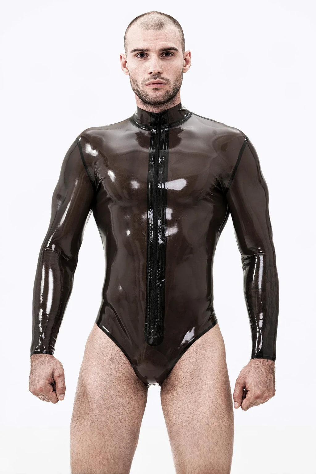 Translucent Smoky Black High-Neck Long-Sleeve Front-Zip Latex Leotard