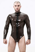 Translucent Smoky Black High-Neck Long-Sleeve Front-Zip Latex Leotard