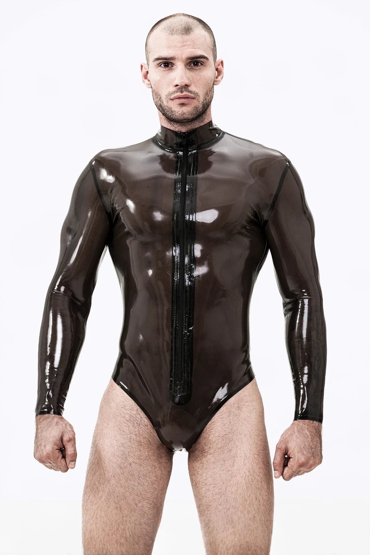 Translucent Smoky Black High-Neck Long-Sleeve Front-Zip Latex Leotard