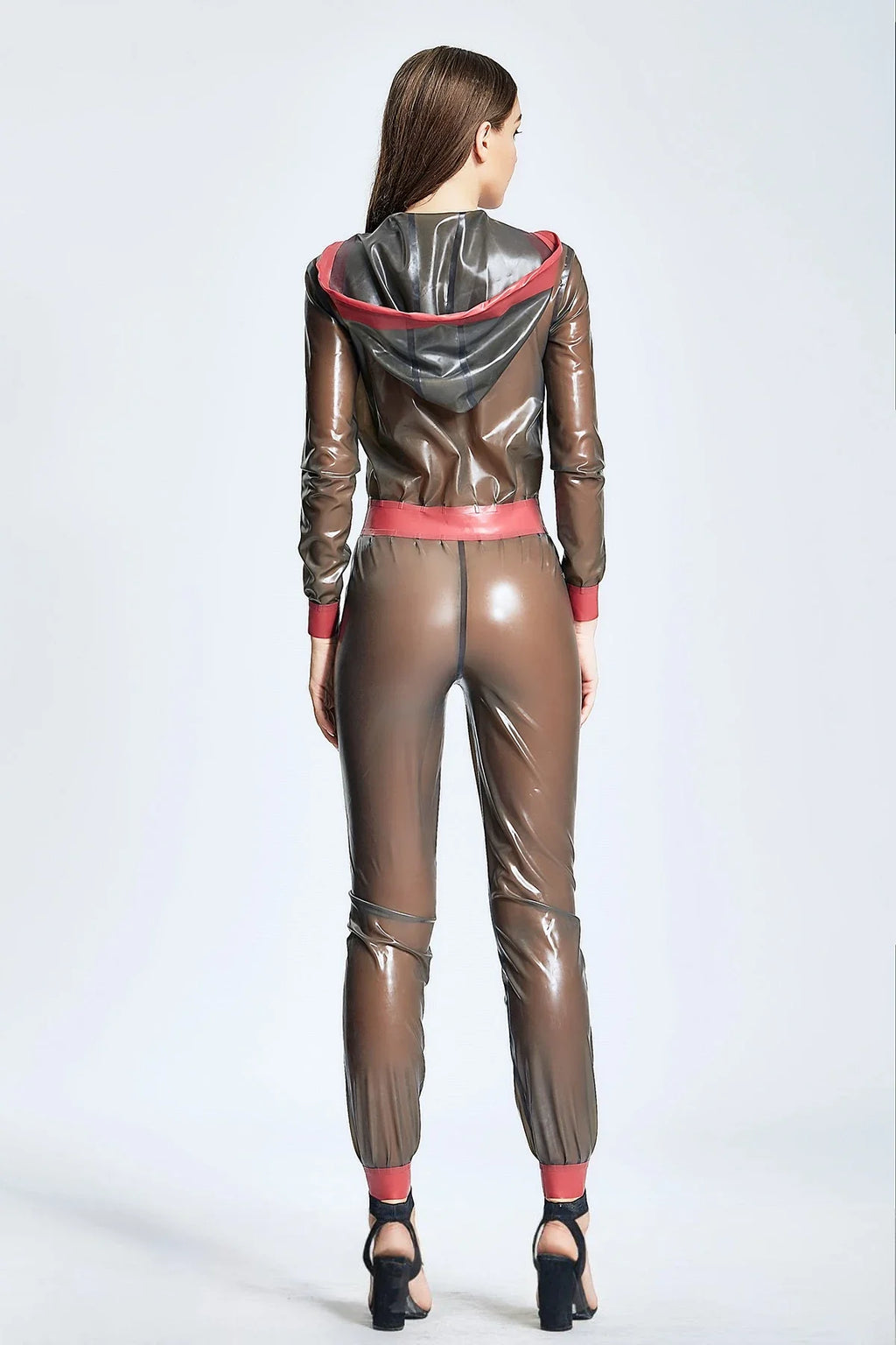 Translucent Smoky Black Hooded Loose-Fit Front-Zip Contrast-Cuff Belted Latex Jumpsuit