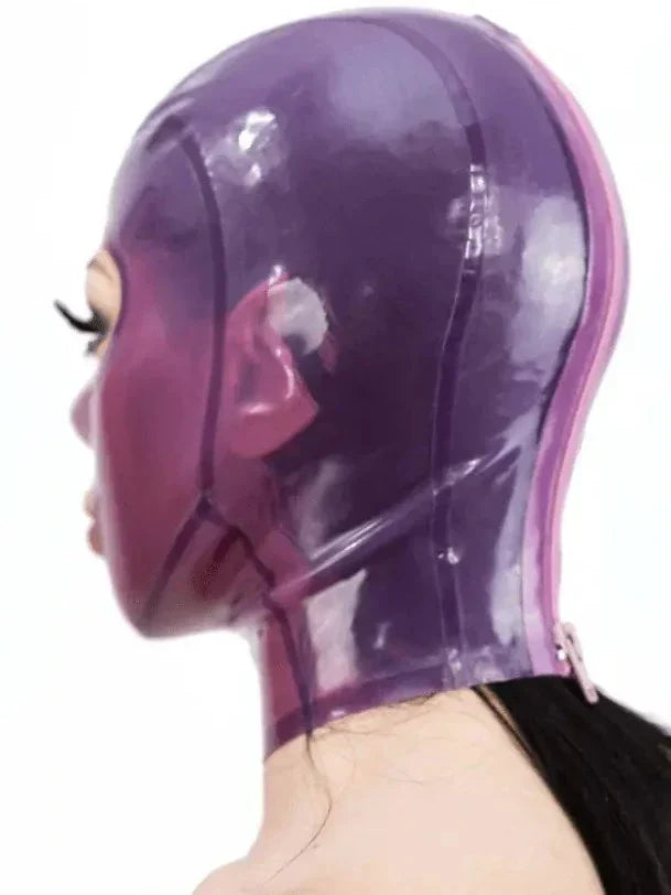 Transparent Purple Open-Face Configurable-Zip Latex Hood