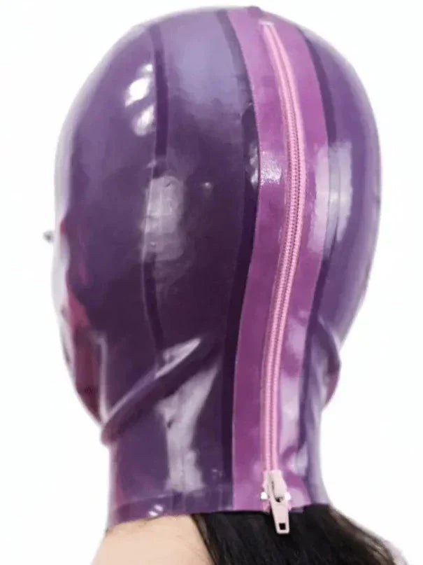 Transparent Purple Open-Face Configurable-Zip Latex Hood
