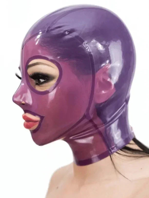 Transparent Purple Open-Face Configurable-Zip Latex Hood