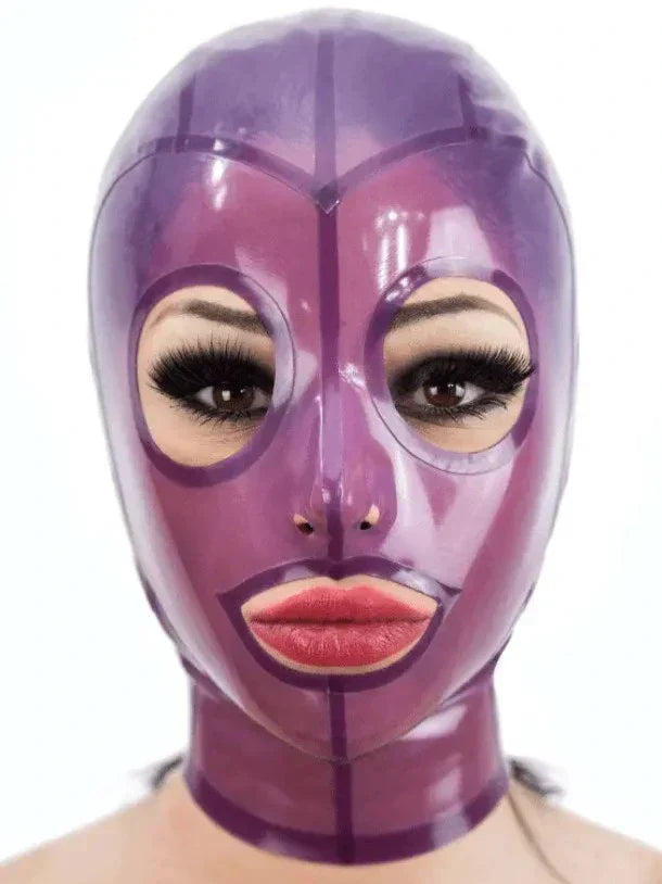 Transparent Purple Open-Face Configurable-Zip Latex Hood
