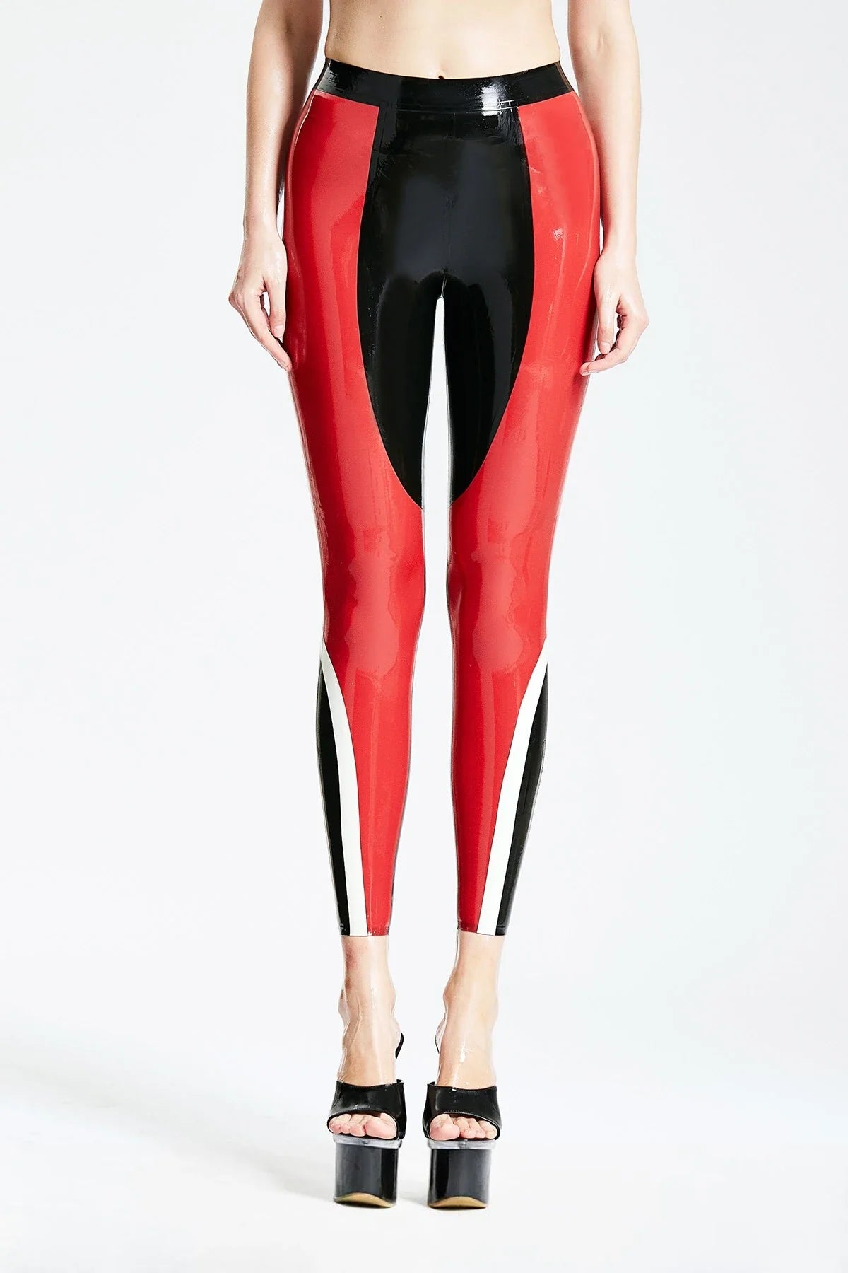 Red, Black & Pure White 'Tri-Color' Tight-Waist Zipperless Latex Leggings