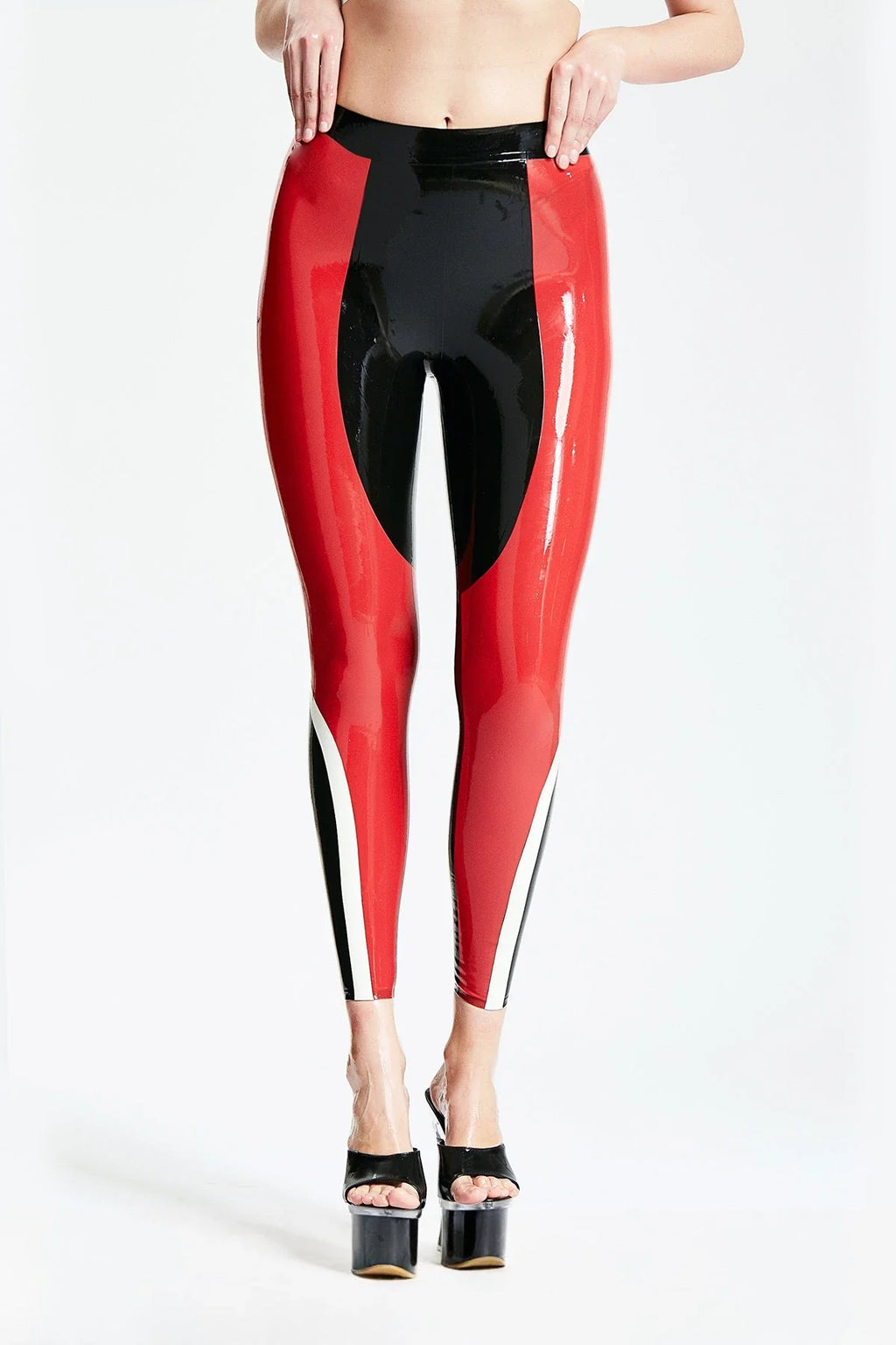 Red, Black & Pure White 'Tri-Color' Tight-Waist Zipperless Latex Leggings