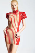 Red & Translucent Natural 'Vera' Striped Puff-Sleeve Back-Zip Latex Micro Dress