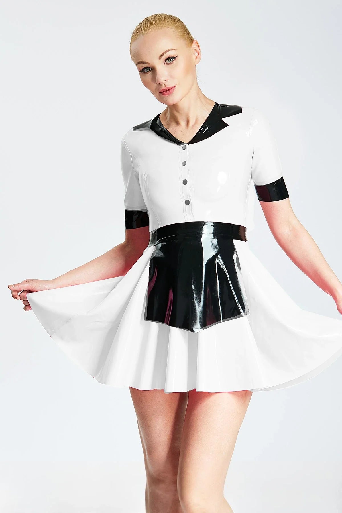 White Black-Trim Wendy Apron Stud-Front Latex Waitress Dress