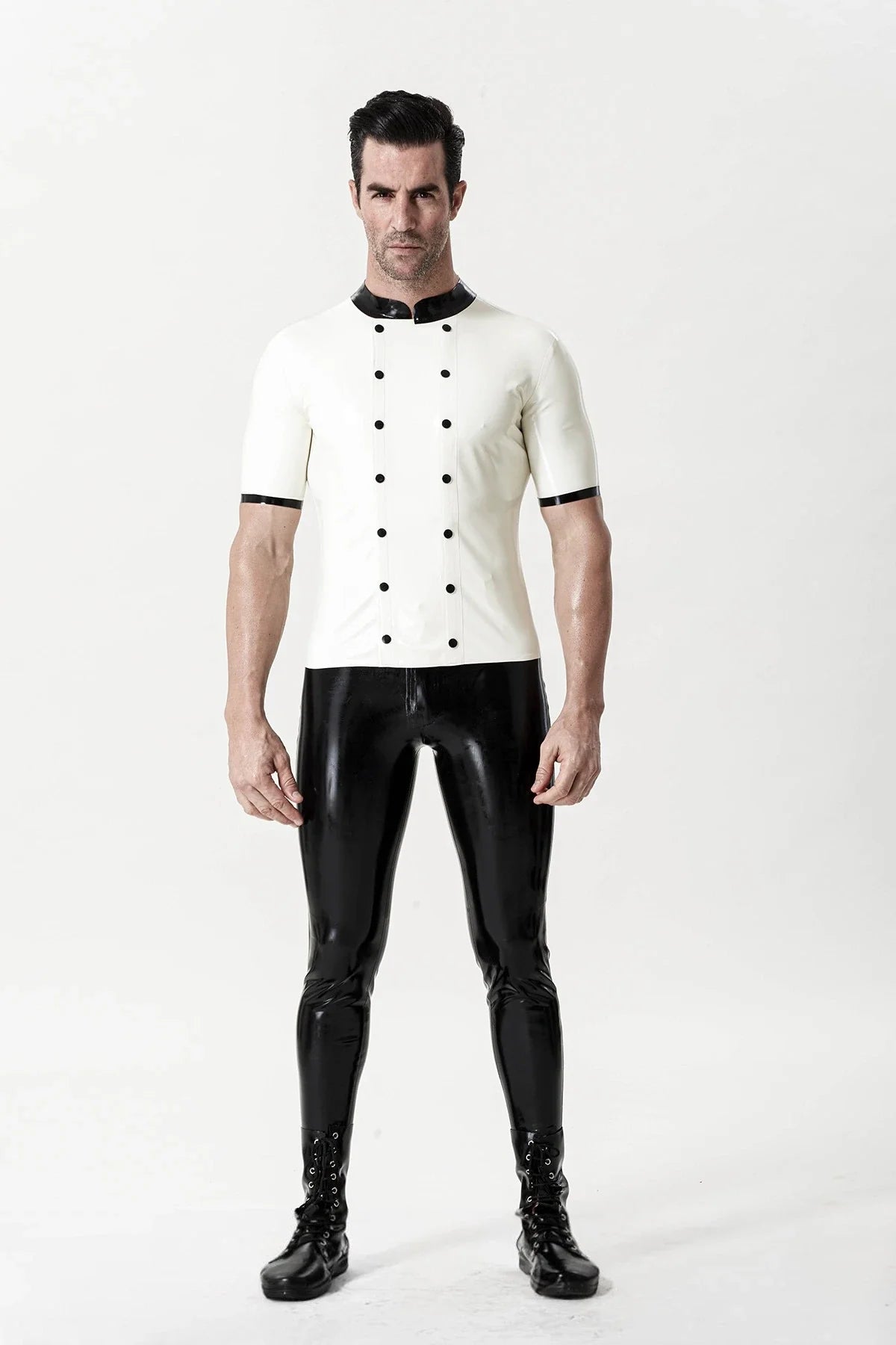 White & Black Medic Double-Breasted Stud-Closure Short-Sleeve Round-Neck Latex Shirt