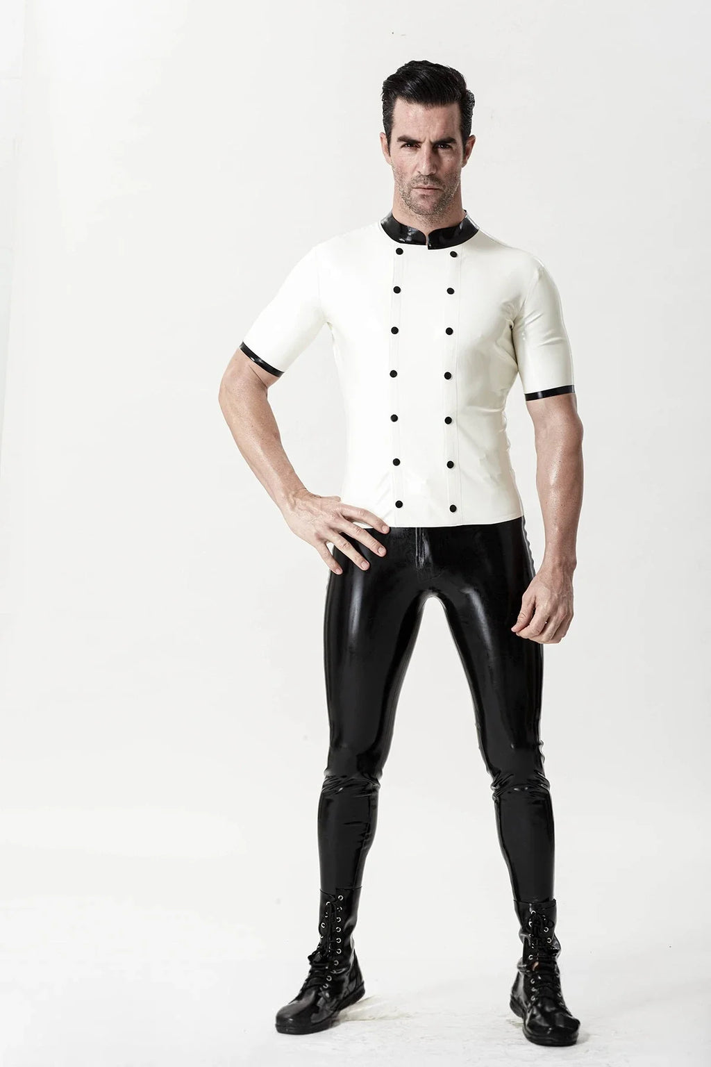 White & Black Medic Double-Breasted Stud-Closure Short-Sleeve Round-Neck Latex Shirt