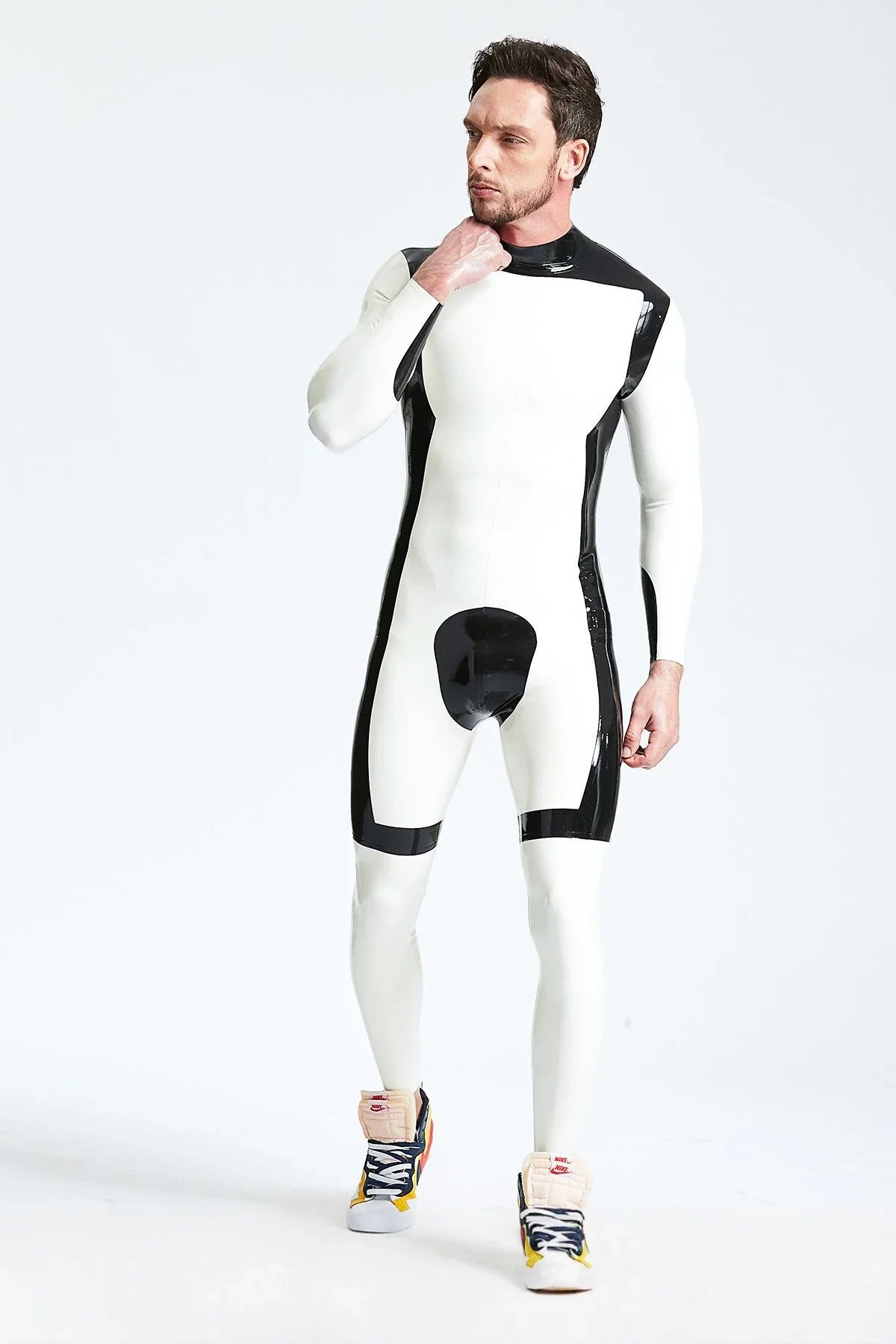 White Black White Knight Back-Zip Latex Catsuit