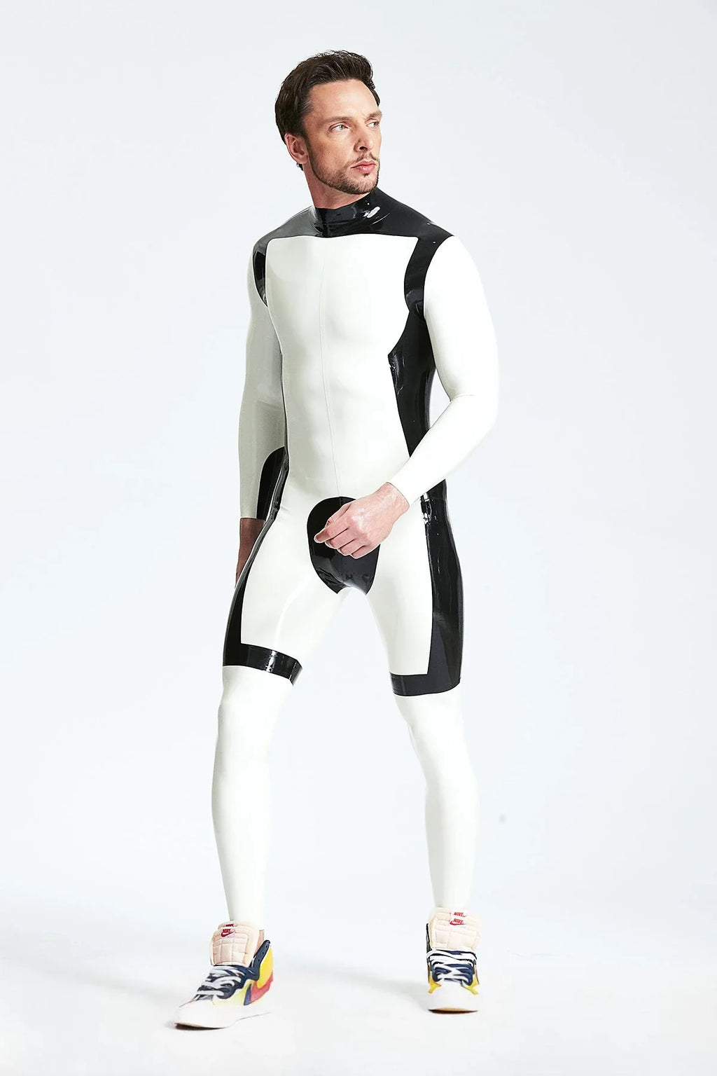 White Black White Knight Back-Zip Latex Catsuit
