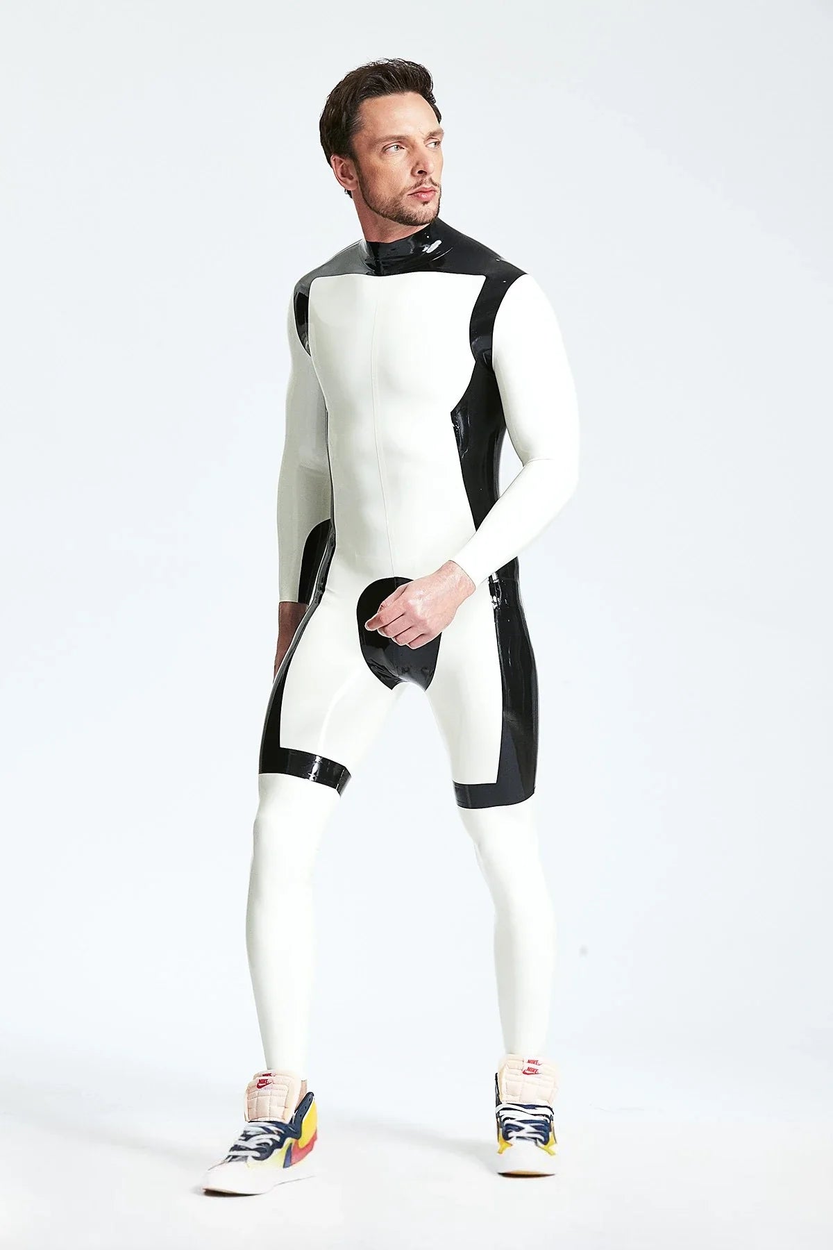 White Black White Knight Back-Zip Latex Catsuit