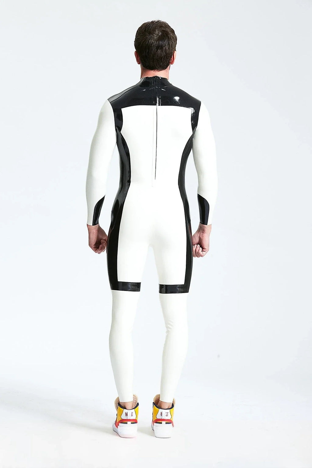 White Black White Knight Back-Zip Latex Catsuit