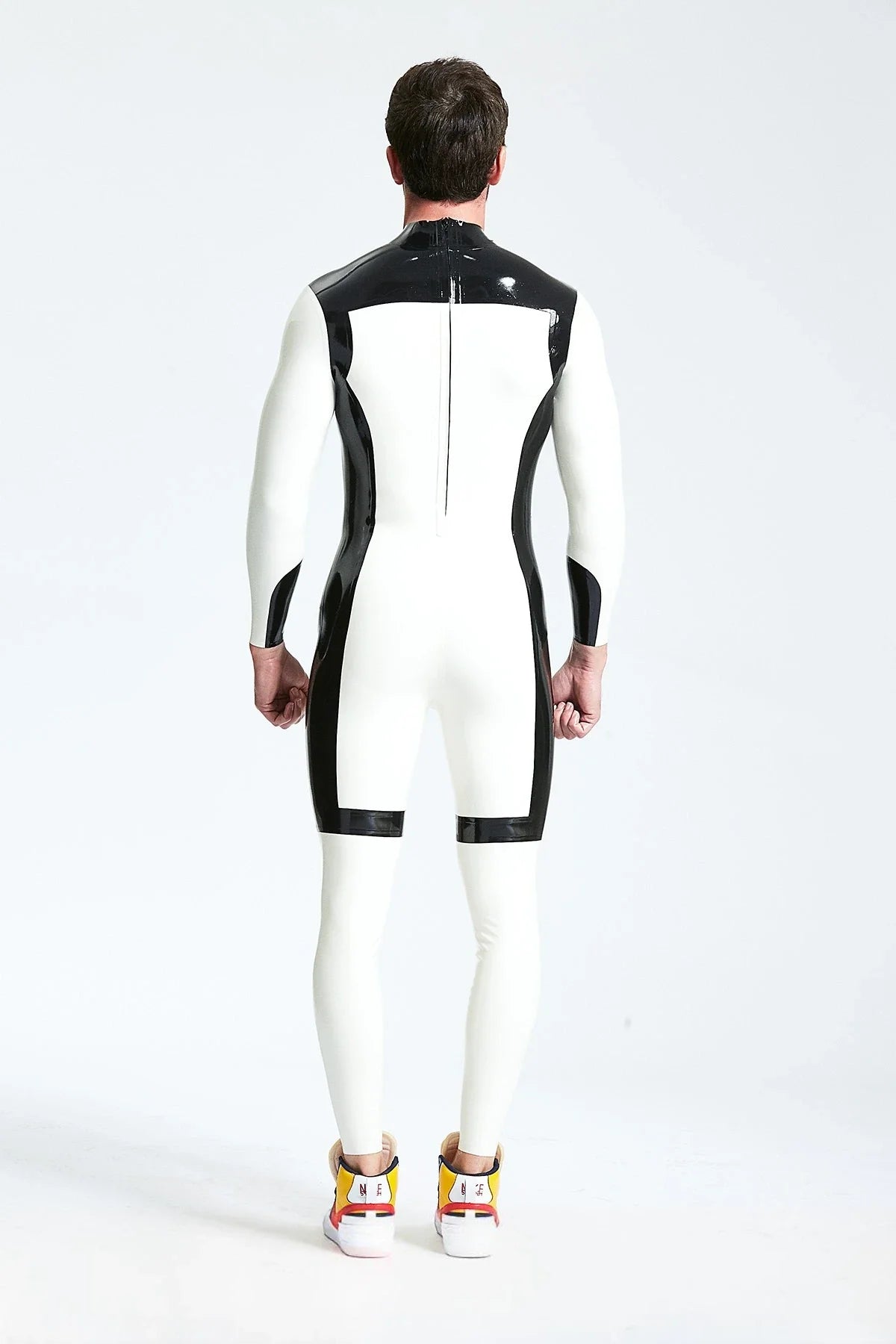 White Black White Knight Back-Zip Latex Catsuit