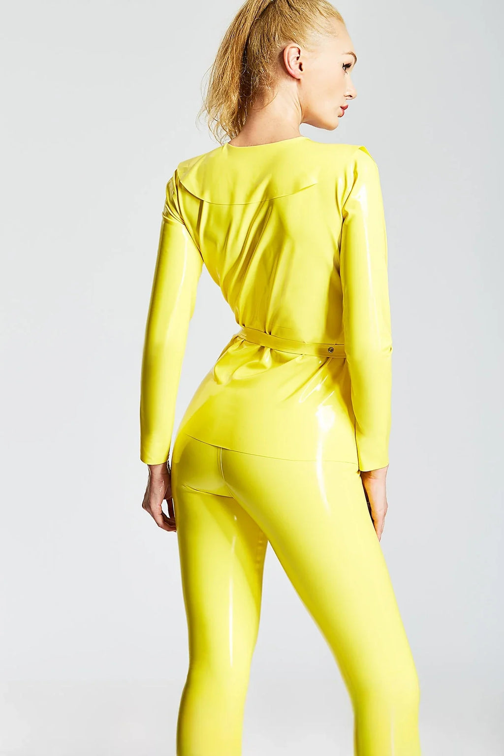Yellow Studded-Jacket Belted Two-Piece Latex Suit