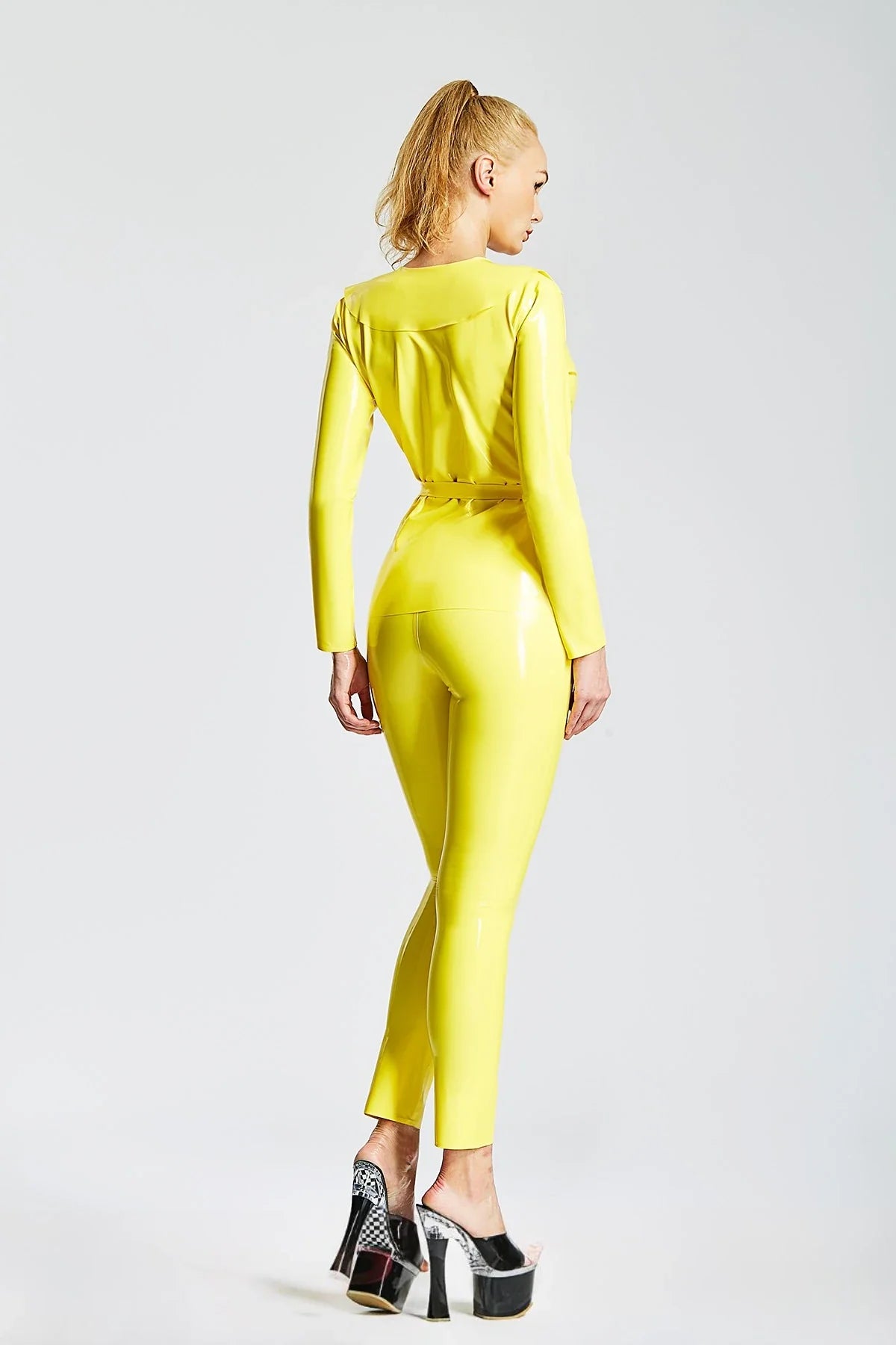 Yellow Studded-Jacket Belted Two-Piece Latex Suit