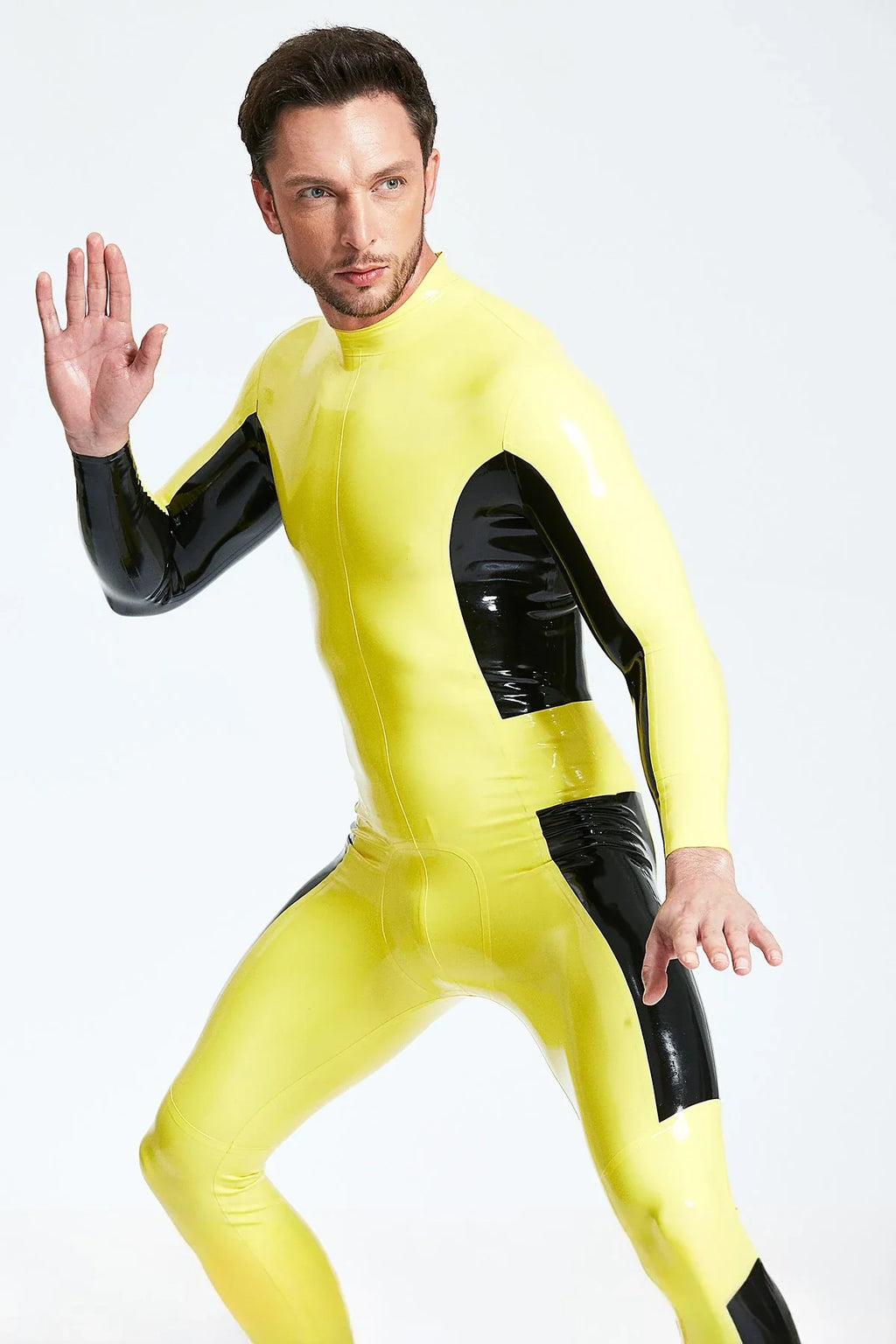Yellow Black Bio Back-Zip Latex Catsuit