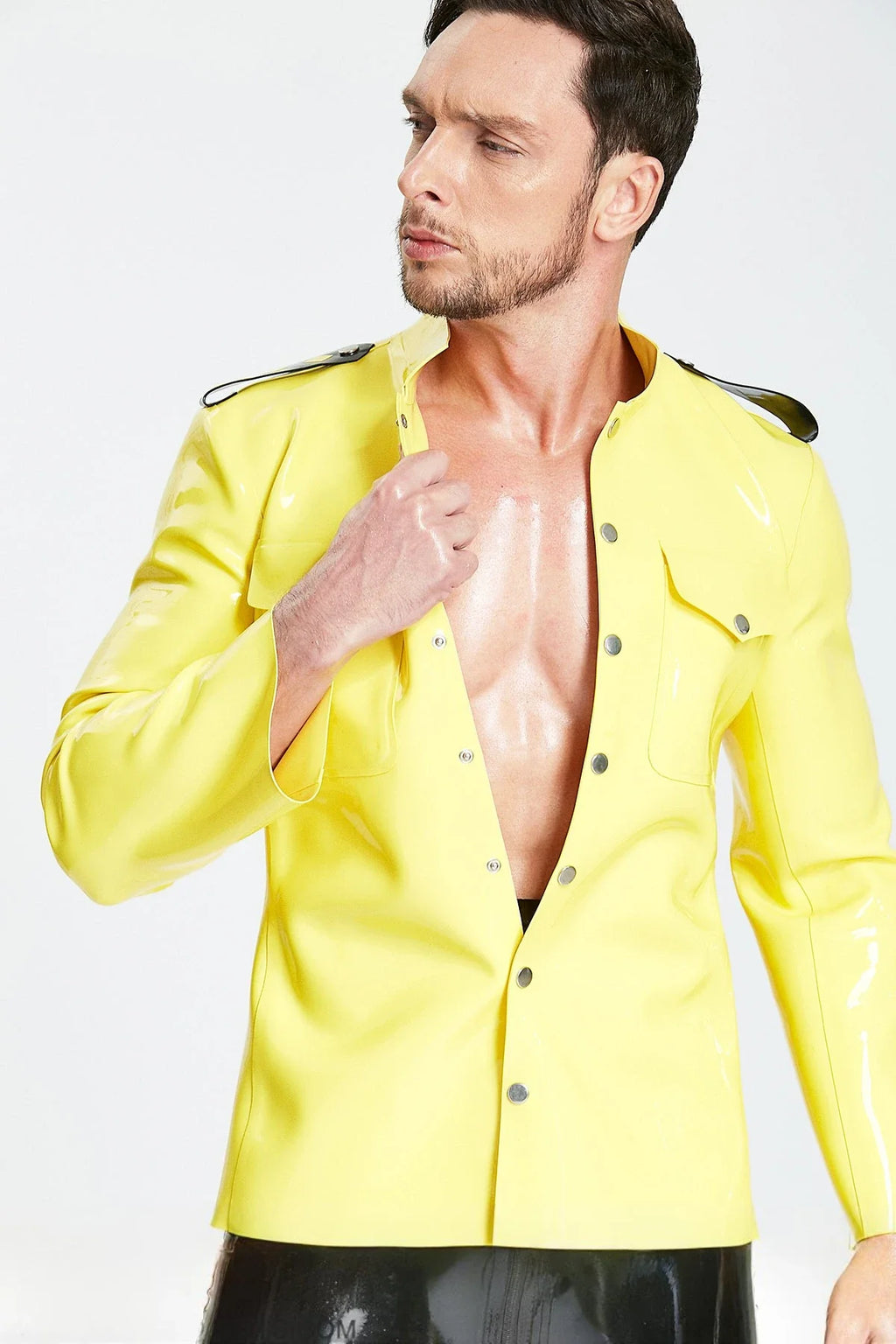 Yellow & Black Maritime Military-Collar 7-Stud Epaulette Chest-Pocket Latex Jacket