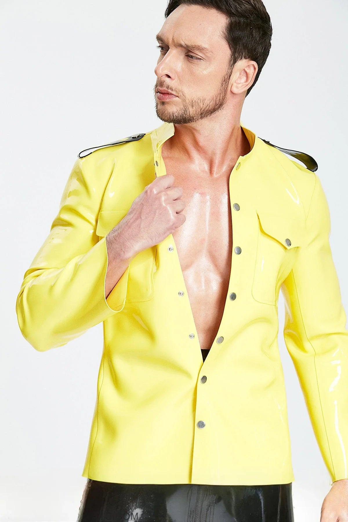 Yellow & Black Maritime Military-Collar 7-Stud Epaulette Chest-Pocket Latex Jacket