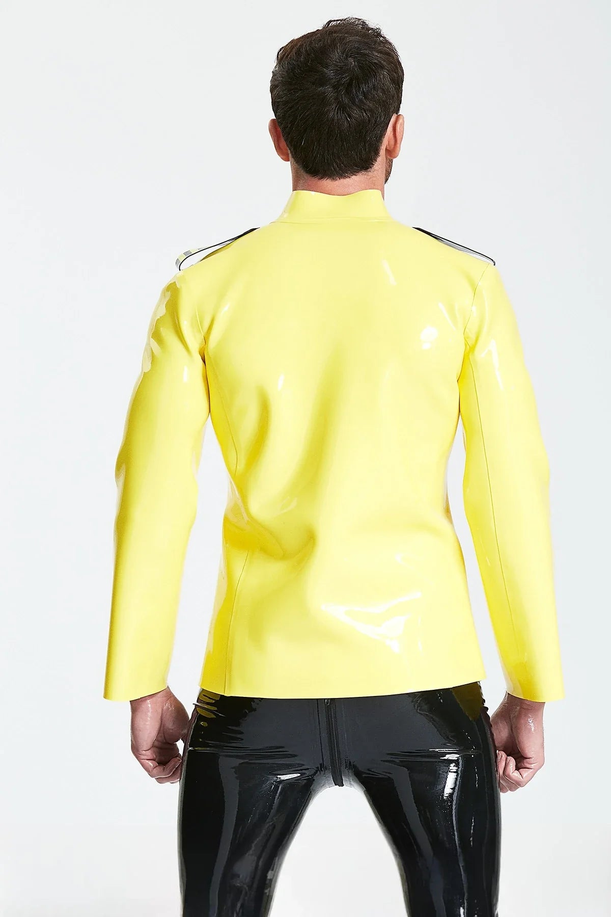 Yellow & Black Maritime Military-Collar 7-Stud Epaulette Chest-Pocket Latex Jacket